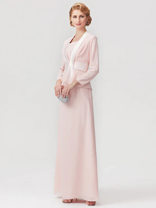 Wholesale Two Piece A-Line Mother of the Bride Dress Elegant Square Neck Floor Length Chiffon Charmeuse Sleeveless Wrap Included with Ruched